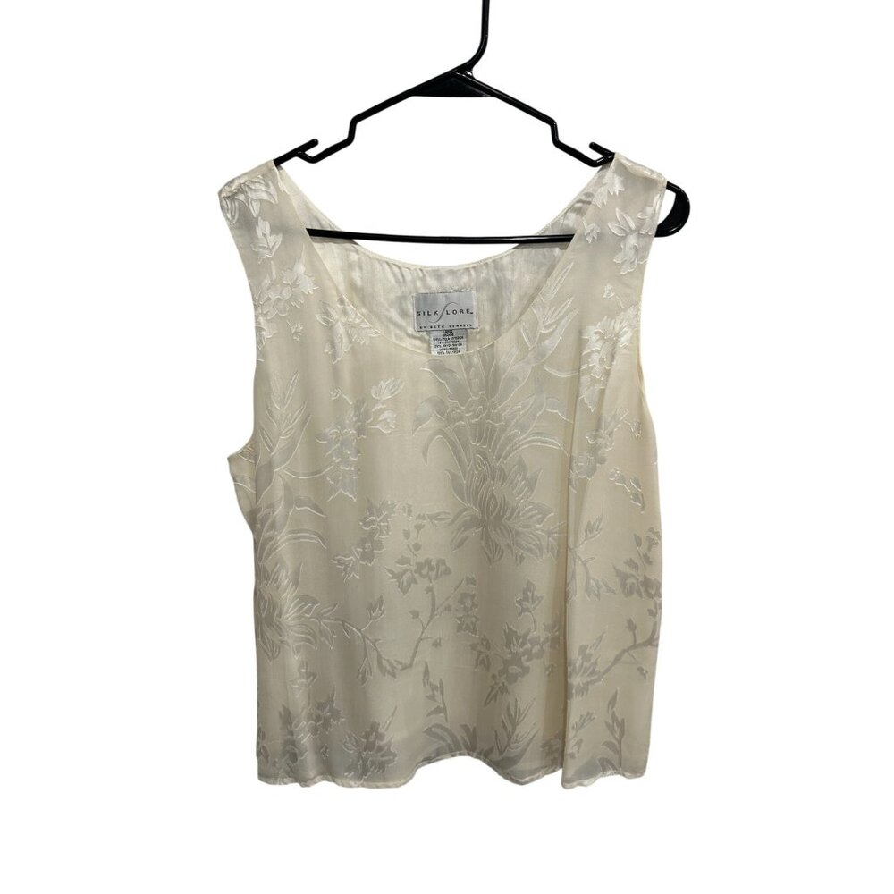 Silk Lore by Beth Terrell Floral Tank Top Cream Sz Large Scoop Neck Intimate